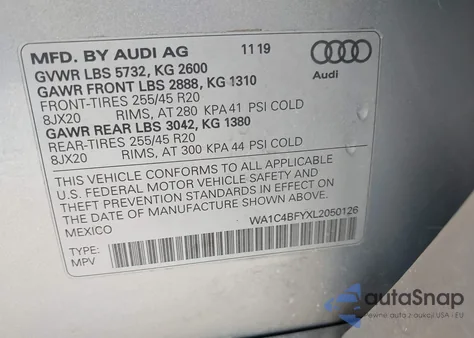 2020 Audi Sq5 Prestige Tfsi Quattro Tiptronic из США, поврежденный, VIN WA1C4BFYXL2050126